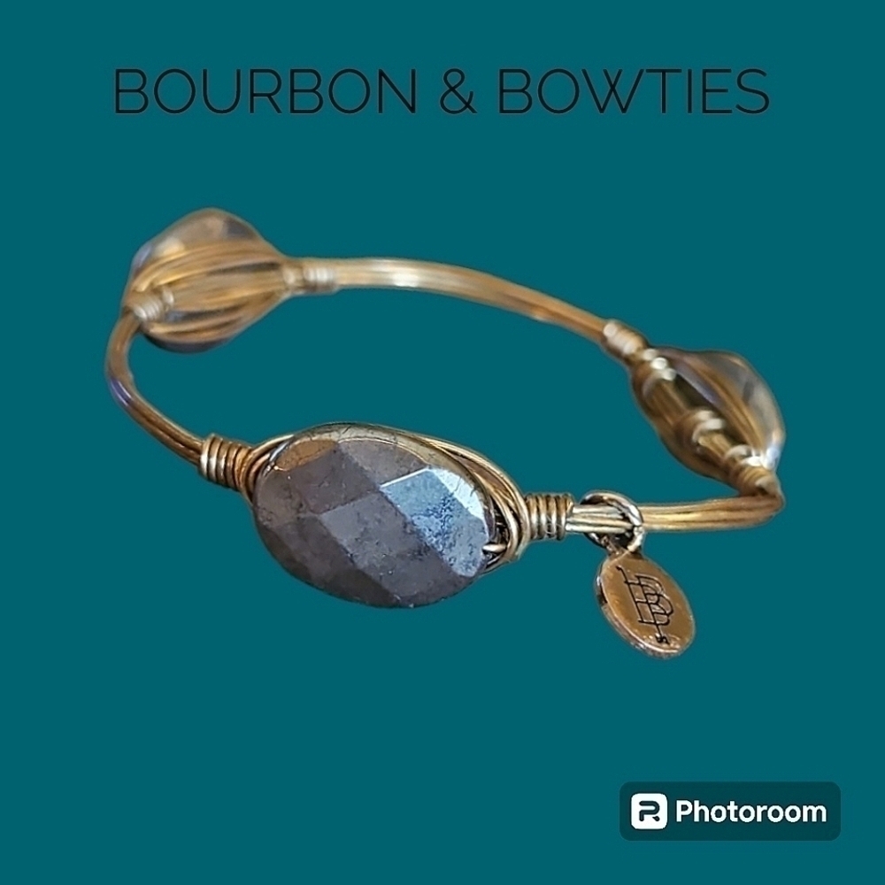 BOURBON & BOWTIES Faceted Oval Metal Bead Wire Wrap Bangle Bracelet